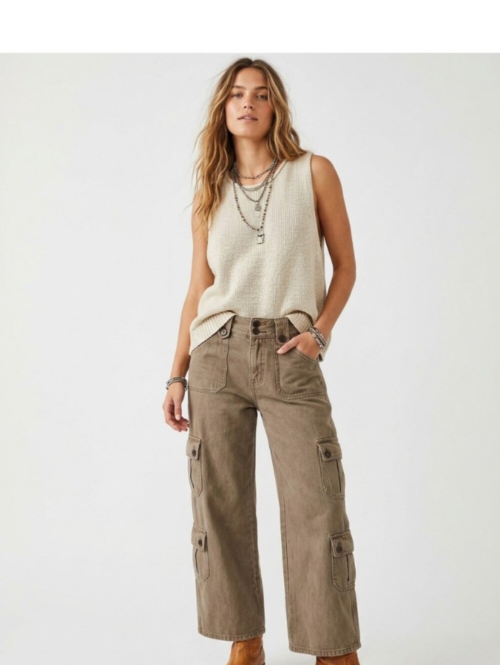 Army Green/Brown Utility Cargo Multiple Pockets Wide Leg Jeans